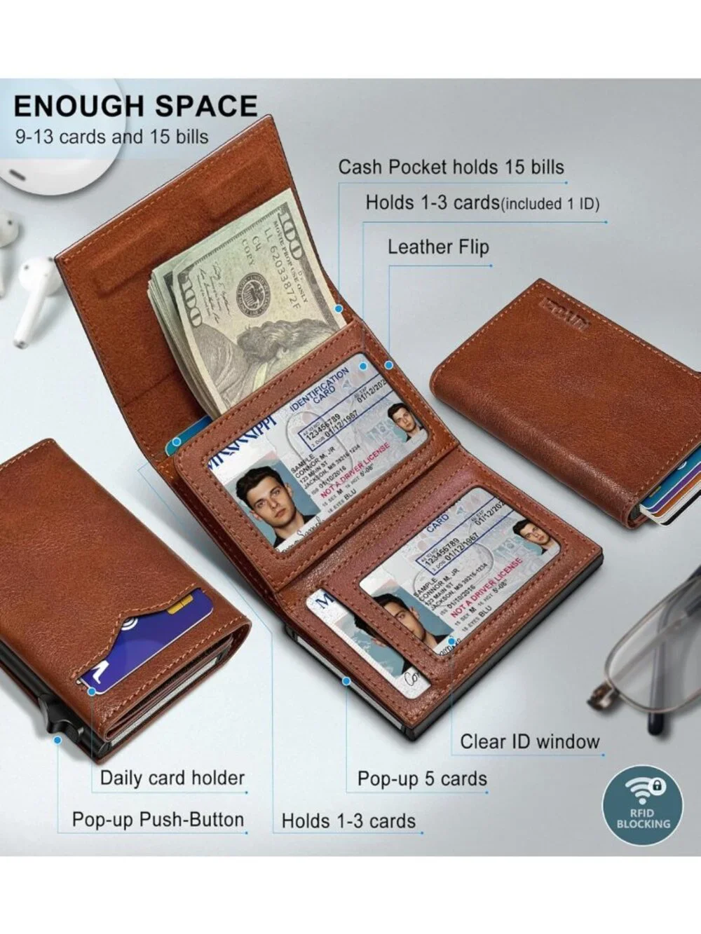 Slim RFID Blocking Wallet for Men, Cash Pocket, 2 ID Windows, Pop-Up Card Holder